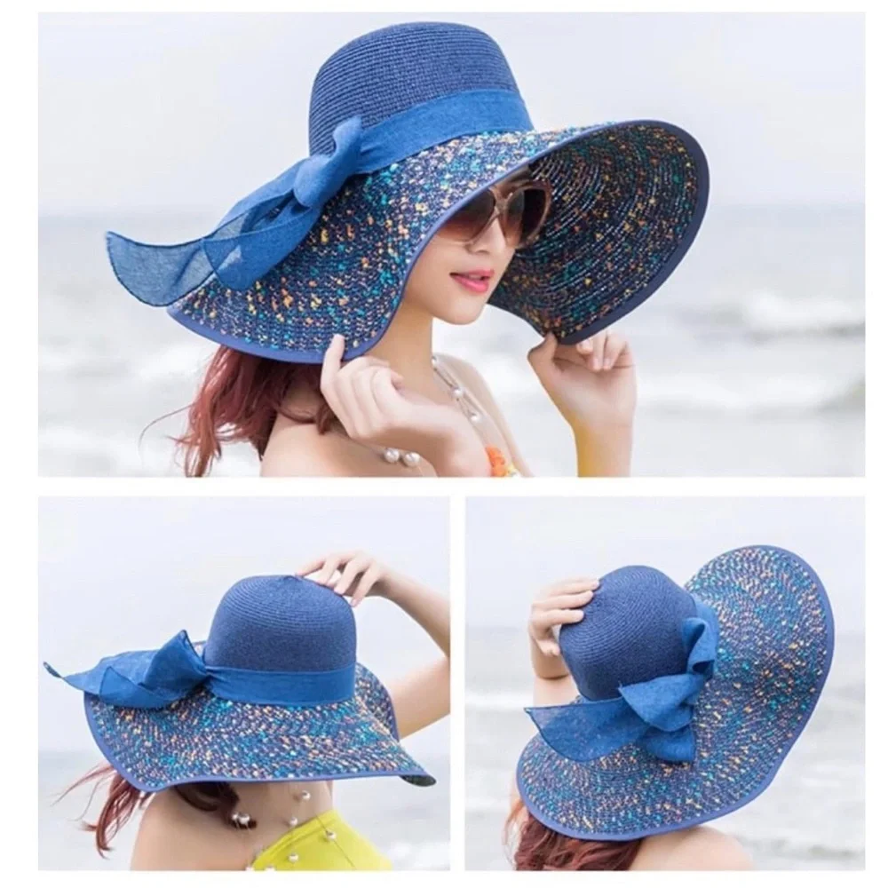 HAT: Straw Wide Brim Blue & Multi Color w/Decorative Bow, NWOT